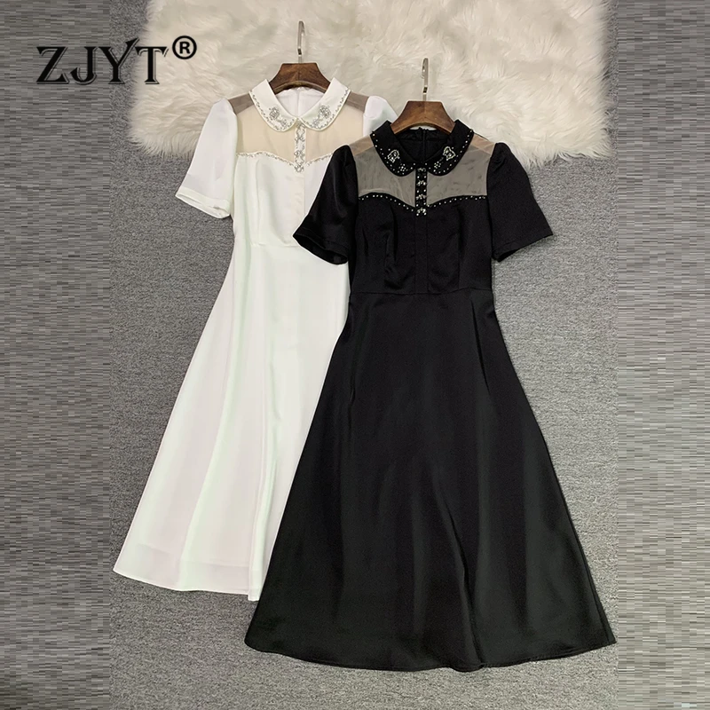 

ZJYT Designer Diamonds Peter Pan Collar Summer Dress Women Elegant Short Sleeve Mesh Patchwork Party Dresses Mid Calf Aline Robe