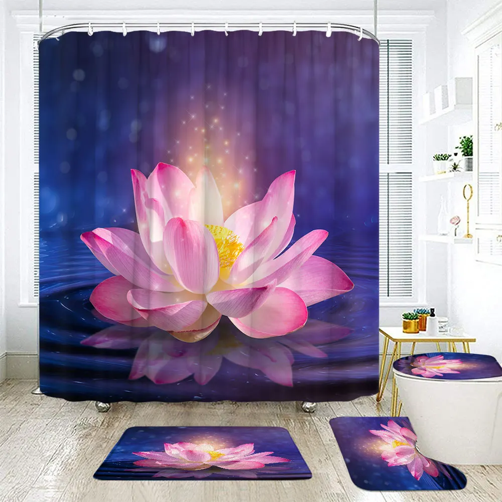 Abstract Lotus Flower Shower curtain Sets Glowing Floral on the Water Fabric Bathroom Curtain Non-slip Toilet Lid and Bath Mat