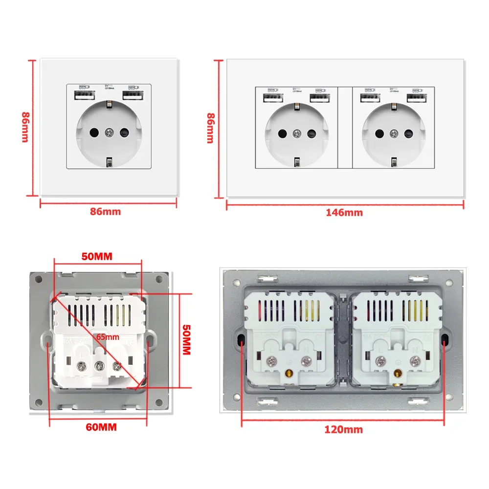 Eiomr EU Standard Electrical Socket with USB Charging 5V 2.1A, White Flame Retardant PC Panel Usb Wall Socket Switch Combination