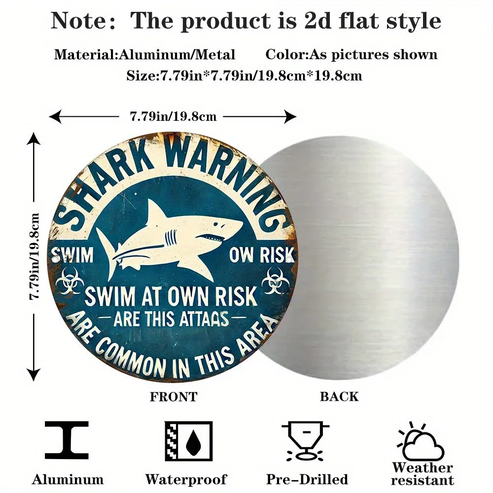 1pc 2D Flat Round Metal Tin Sign 20x20 Inch Vintage Shark Warning Weathered Plaque Beach House Decor