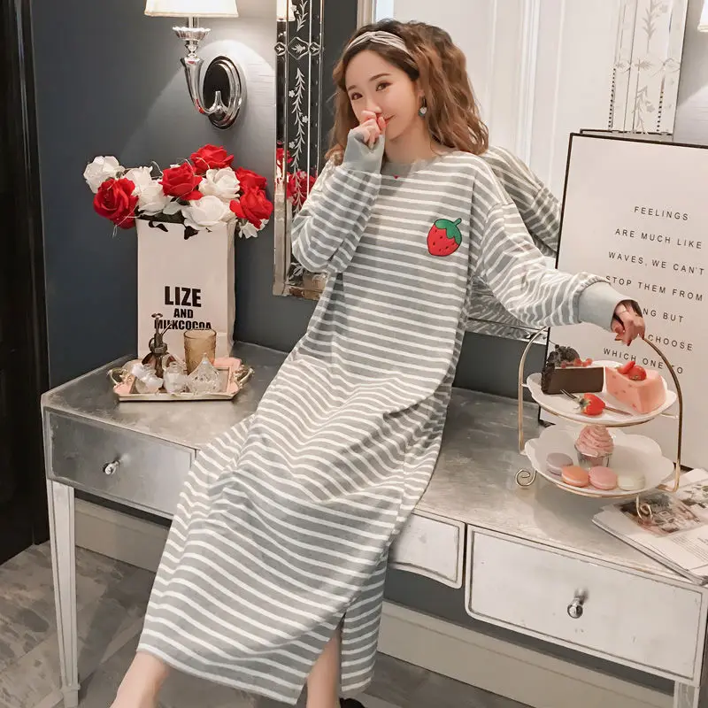 

Nightgowns Women Sweet Striped O-neck Spring Autumn Casual Kawaii Fruit Chic Mid-calf Nightdress Females Loose Gentle Harajuku