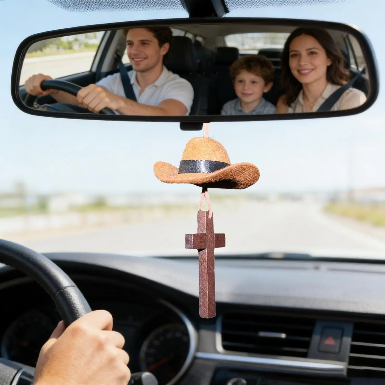 Car Mirror Charm Rustic Cross Cowboy Hat Ornament Funny Car Rear View Mirror Accessories For Birthday Christmas Men Women Driver