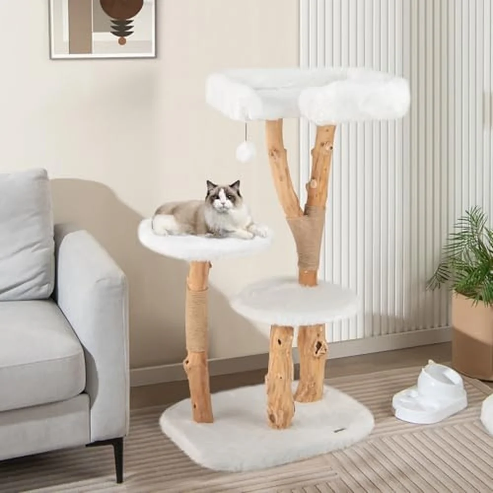 Solid Wood Cat Tree Modern Wooden Cat Tower with Perch Jute Scratching Posts Dangling Ball Soft Long Plush Luxury Cat
