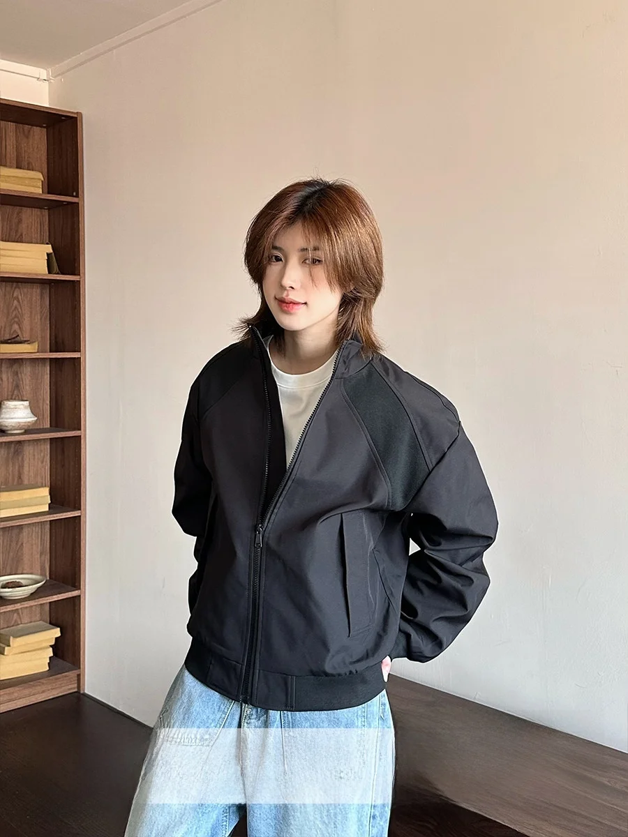 Ja1 Unisex Deconstructed Stand Collar Jacket Retro Fashion Versatile Cleanfit Top Polyester Fiber Long Sleeve Zipper Closure