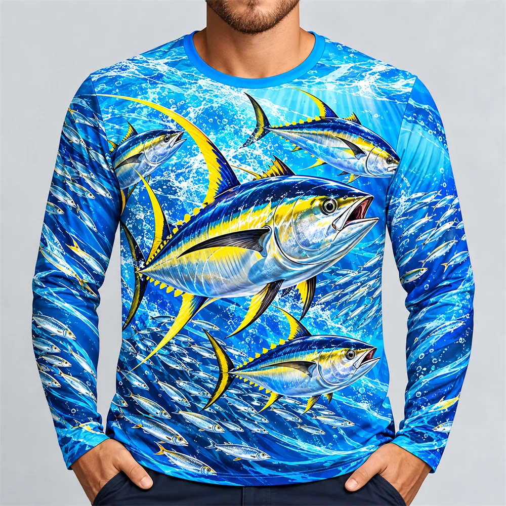 Coral Reef Fish 3D Printed Long Sleeve Fishing Shirt for Men Snapper Graphic Sun Protection Crew Neck Top Saltwater Angler Wear