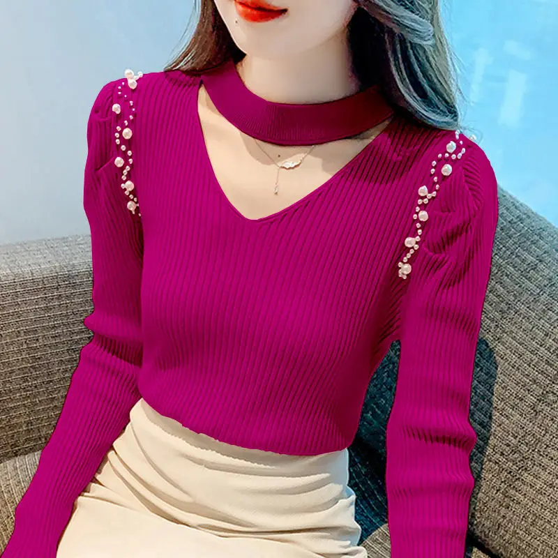 

Fashion Spliced Folds Beading Puff Sleeve Blouses Women's Clothing Autumn Loose All-match Tops Knitted Office Lady Shirts