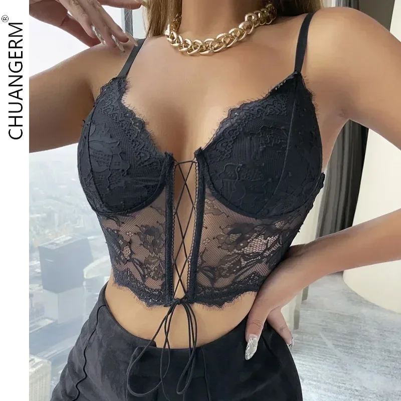 

CHUANGERM Sexy Lace Corset Hollowing Mesh See Through Slim Crop Top Sheer Solid Sleeveless V-neck Backless Bandage Bustier Tops