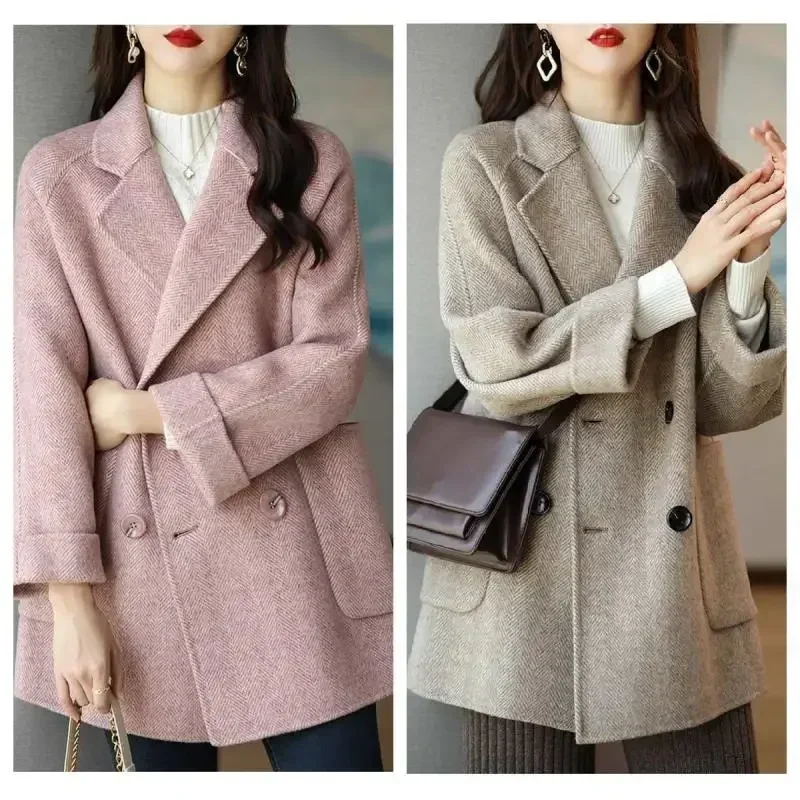 Women Elegant Coats Turn Down Collar Jackets Single Breasted Wool Coat Thick Work Blends Mid Length Coat Autumn Winter Jackets
