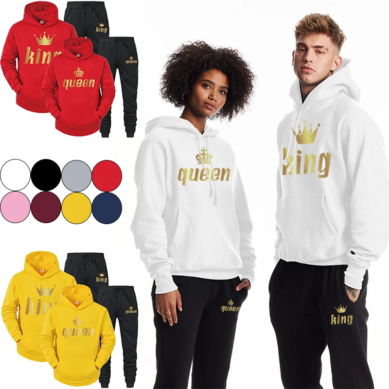 

KING and QUEEN Printed Lover Hooded Suits Hoodie and Sweatpants 2pcs Set Streetwear Men Women Cloths Fashion Couple Sweatshirt