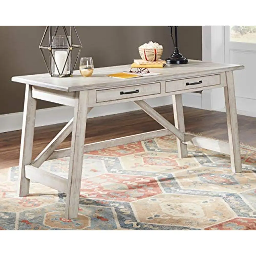 Carynhurst Farmhouse 60" Home Office Desk with Drawers Distressed White Writing Table Rectangular 2 Drawers Rustic Style Solid