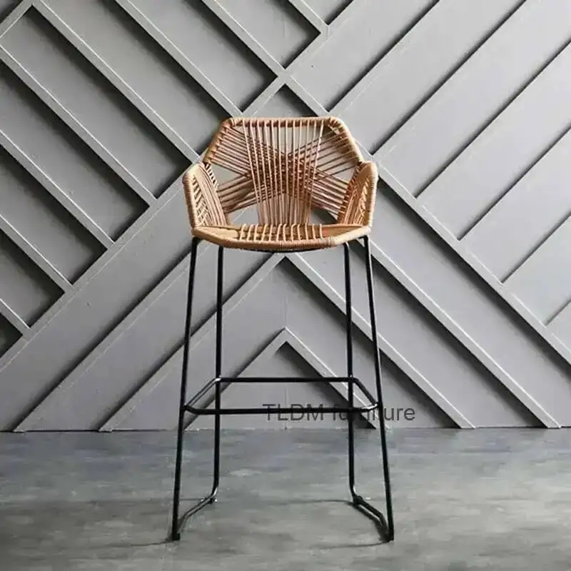 

High Bar Stools Iron Chairs Modern Wrought for Kitchen Nordic Bar Furniture PP Rattan Back Home Cafe Outdoor Restaurant Armchair
