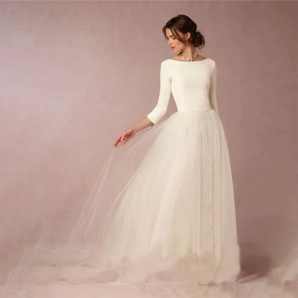 2024 New Stunning Winter Wedding Dresses A Line Satin Top Backless  Bridal Gowns with Sleeves Simple Design Soft Tulle Skirt