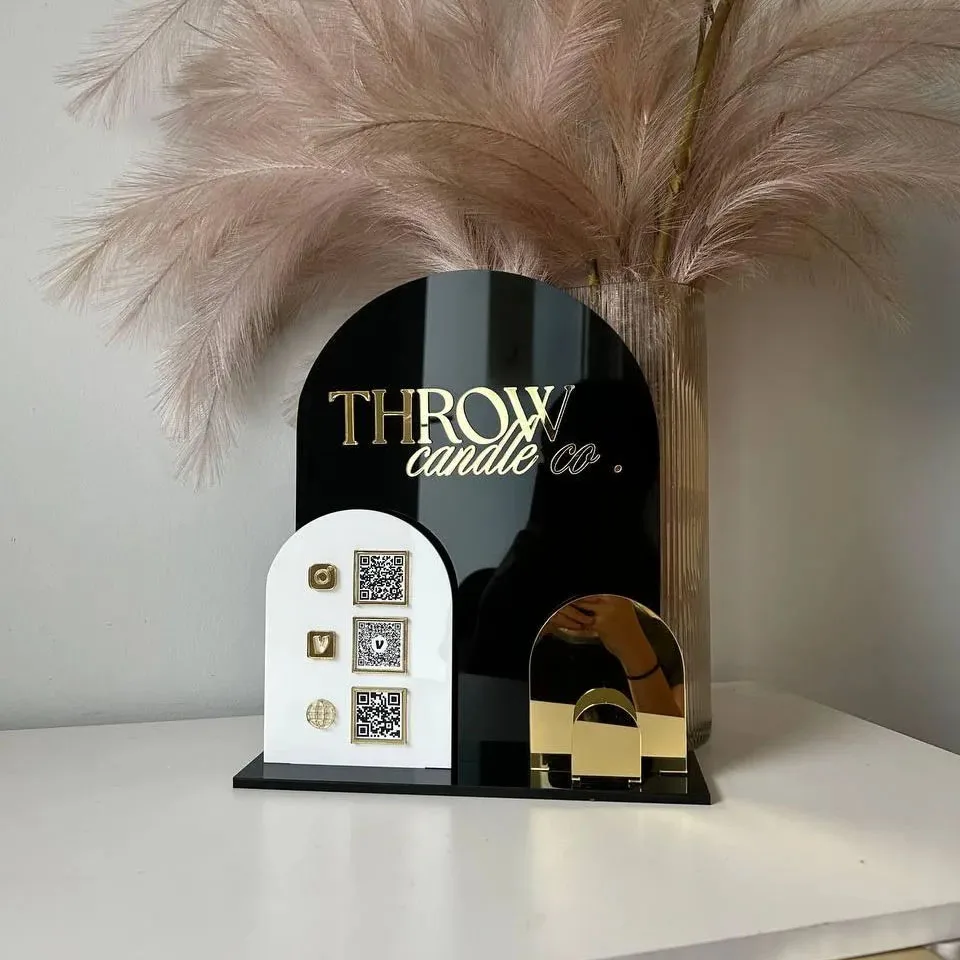 Customizable Multi-Color Arched Acrylic Desktop QR Code Display Stand With Business Card Slot For Social Media Payment Business image 4