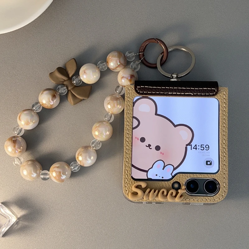 

For Samsung Galaxy Z Flip 5 6 zflip5 Phone Case Bow Bracelet Chain Leather Hinge Protective Cover