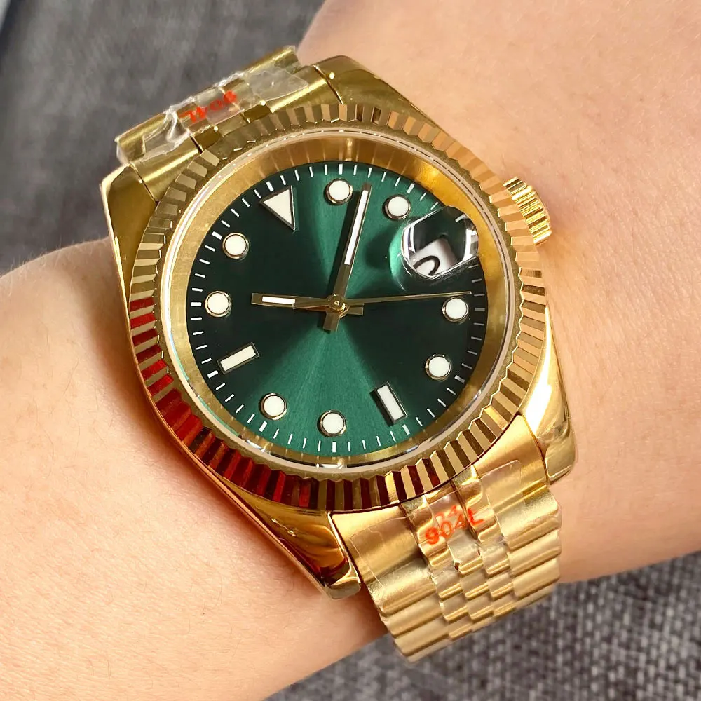 Day Date Fluted Yellow Gold Steel Watch for Men NH35 MIYOTA PT5000 Movement Sunburst Green 904L Bracelet 36mm 39mm Wristwatch