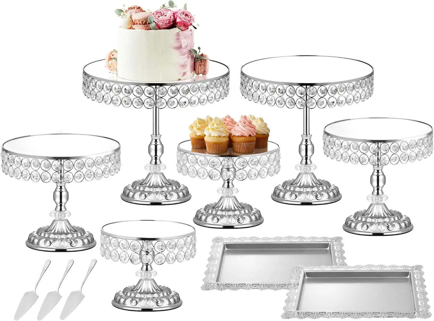 12 Pieces Silver Cake Stand Set Vintage Cake Display Stand with Crystal Edge and Cupcake Display Tray Dessert Table Display