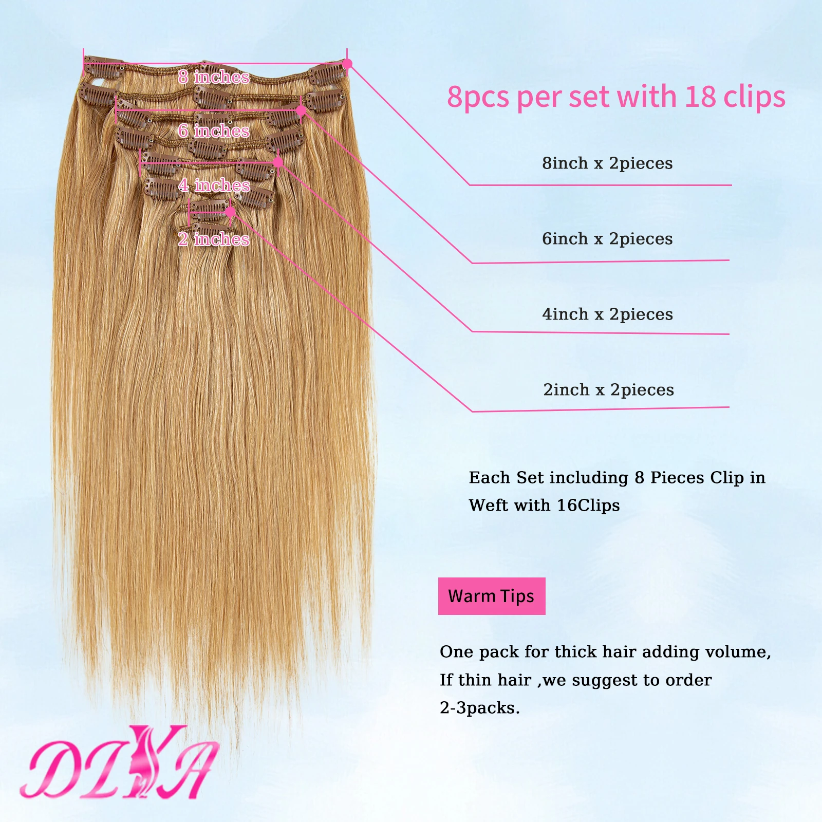 Clip in Human Hair Extension Honey Blonde #27 Straight Clips Hair 100% Human Hair Extension Clip ins for Women 120 Grams Hair