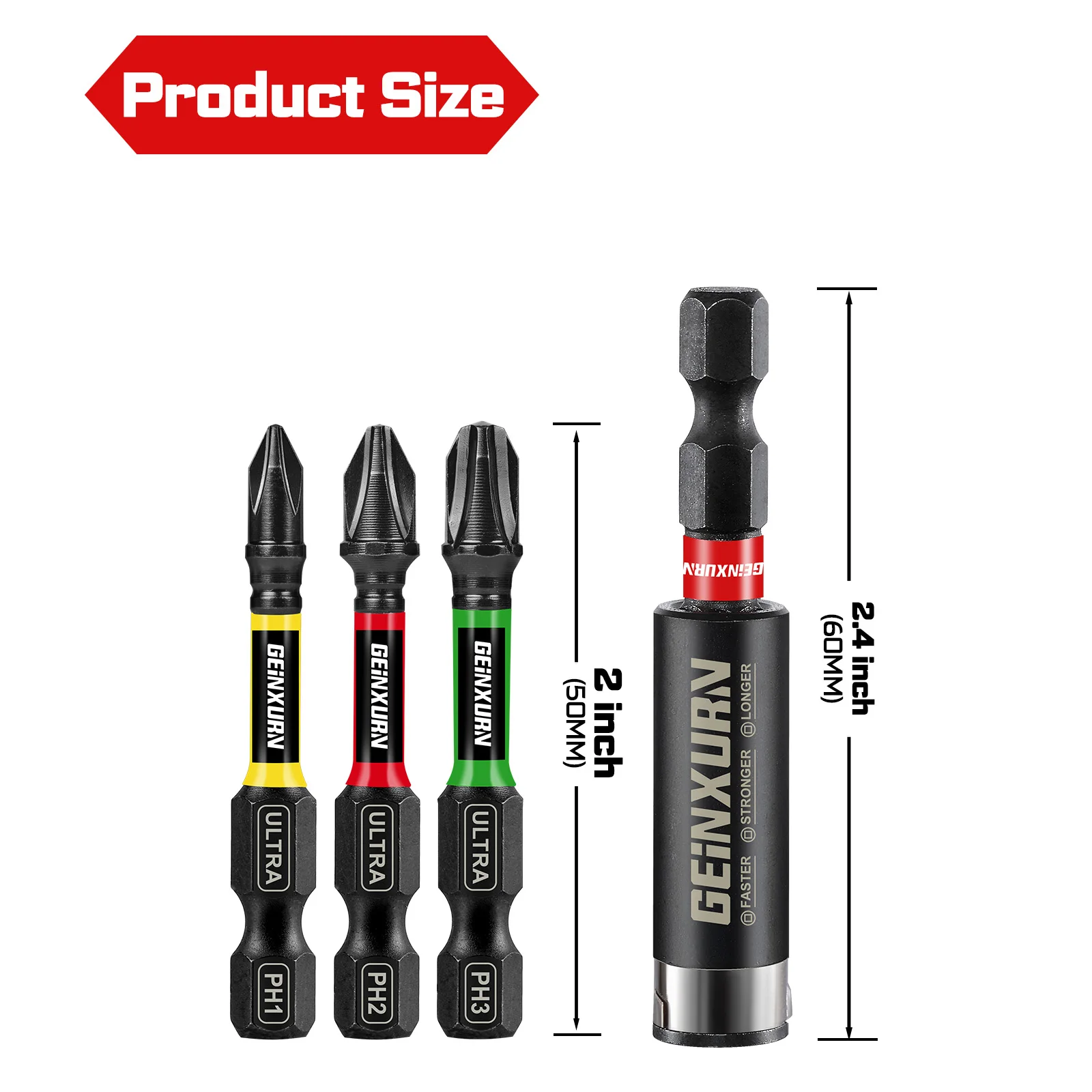 Geinxurn Impact Phillipes Screwdriver Bits Set(PH1/2/3), 2” Magnetic S2 Steel Bits Set and Bit Holder with Color Coded Base