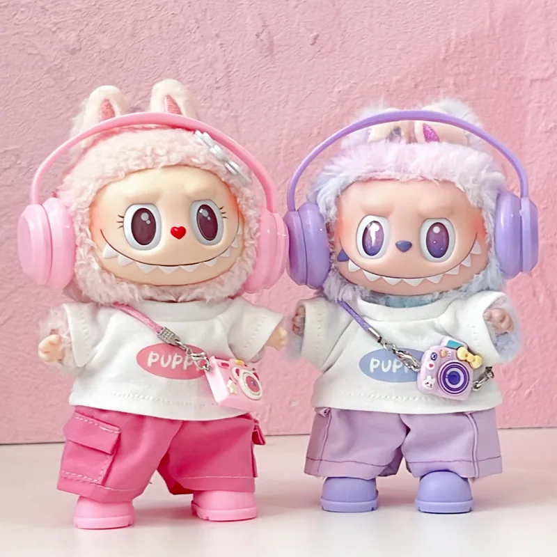 

Clothes For Labubu 15/17Cm Dolls Gen 1-3 Pink Purple Puppy T-Shirt Headphone Set Apparel Hanging Accessories