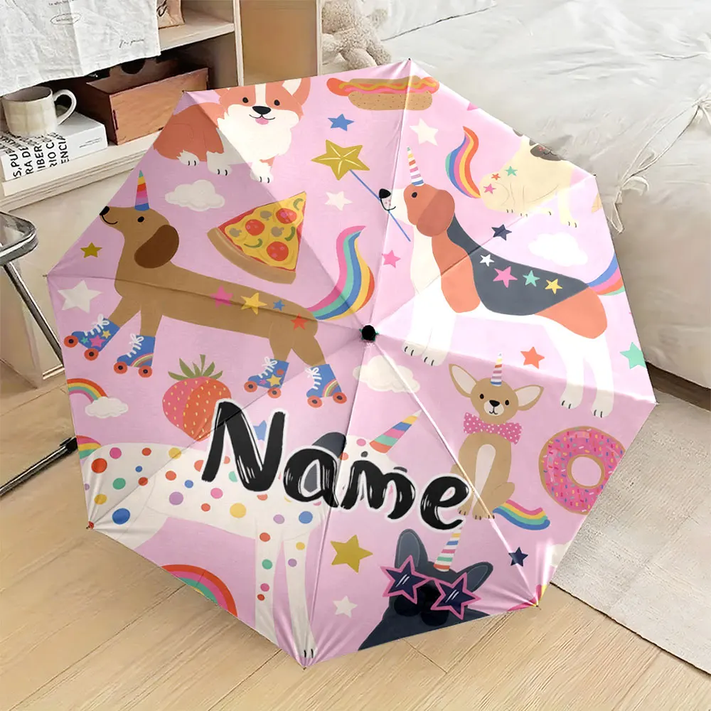 Custom Name Umbrella,Cute Cartoon Dogs with Unicorn Horns and Rainbow Design Umbrella Folding Umbrella for Sunny and Rainy,Gift