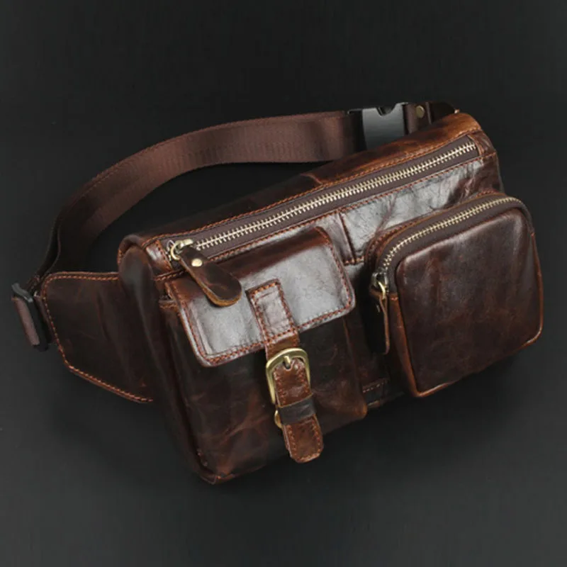 Men Fanny Pack Waist Wallet Bag Oil Wax Genuine Leather Cowhide Vintage Messenger Shoulder Sling Chest Bag Hip Bum Belt Pouch