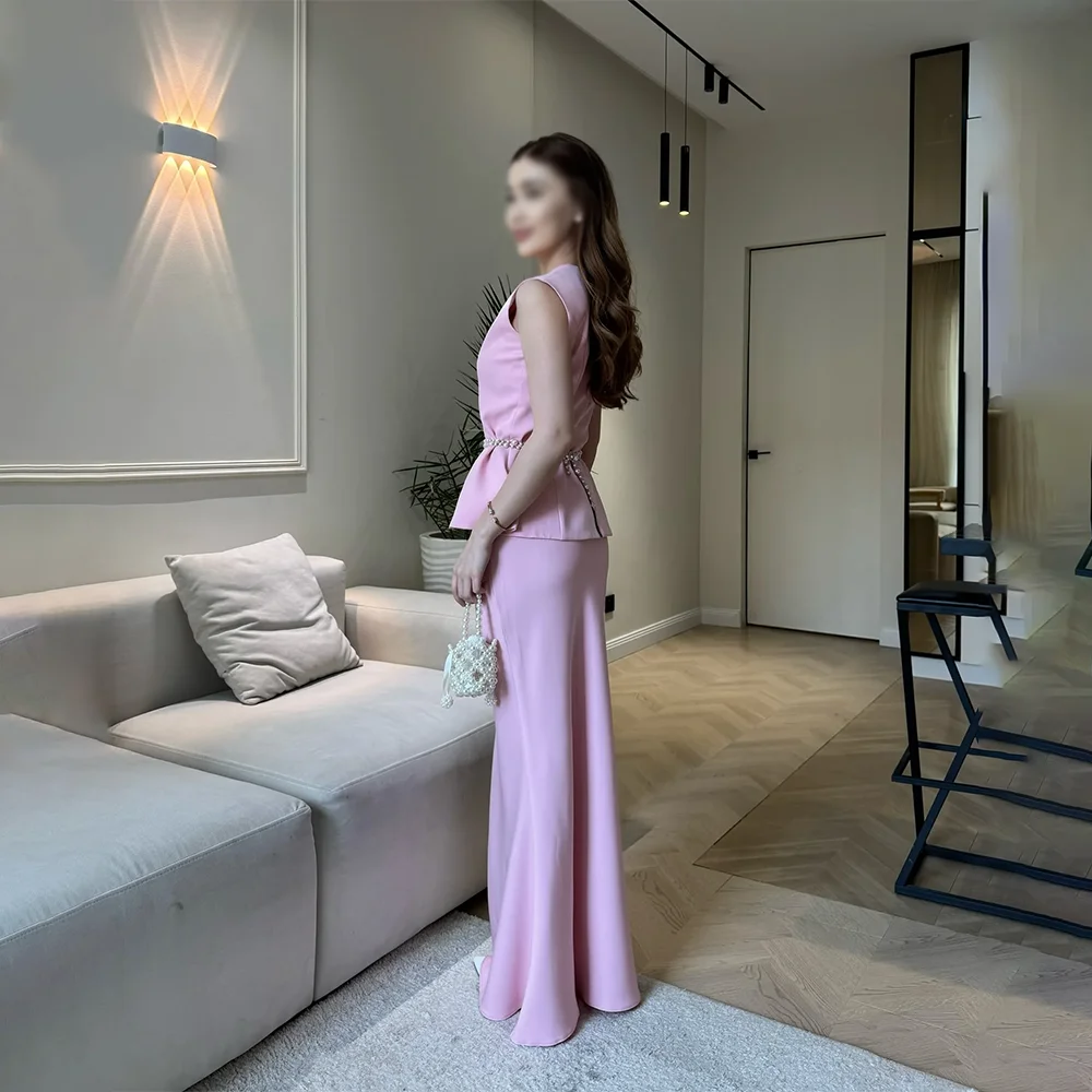 فساتين سهرة وردية رائعة فساتين حفلات رسمية برقبة دائرية بطول الأرض على شكل حرف a بدون أكمام فساتين لحضور الحفلات الموسيقية مخصصة