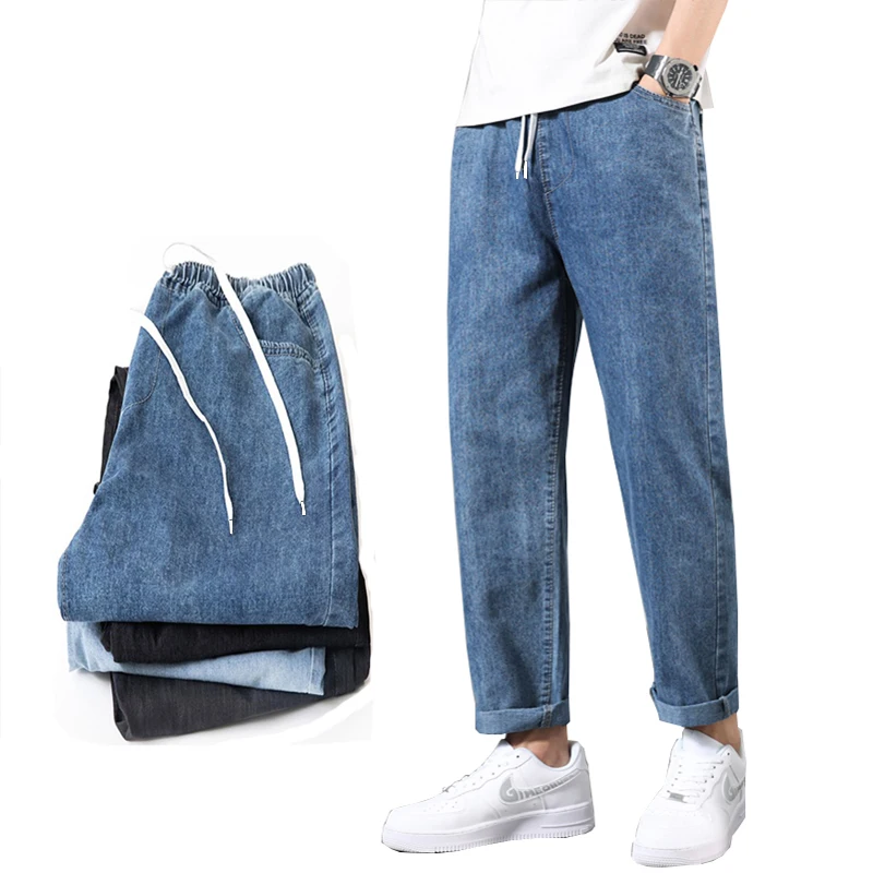 

New Fashion Men's Blue Jeans Spring Autumn Casual Elastic Waist Straight Denim Pants Daily Jeans Trousers