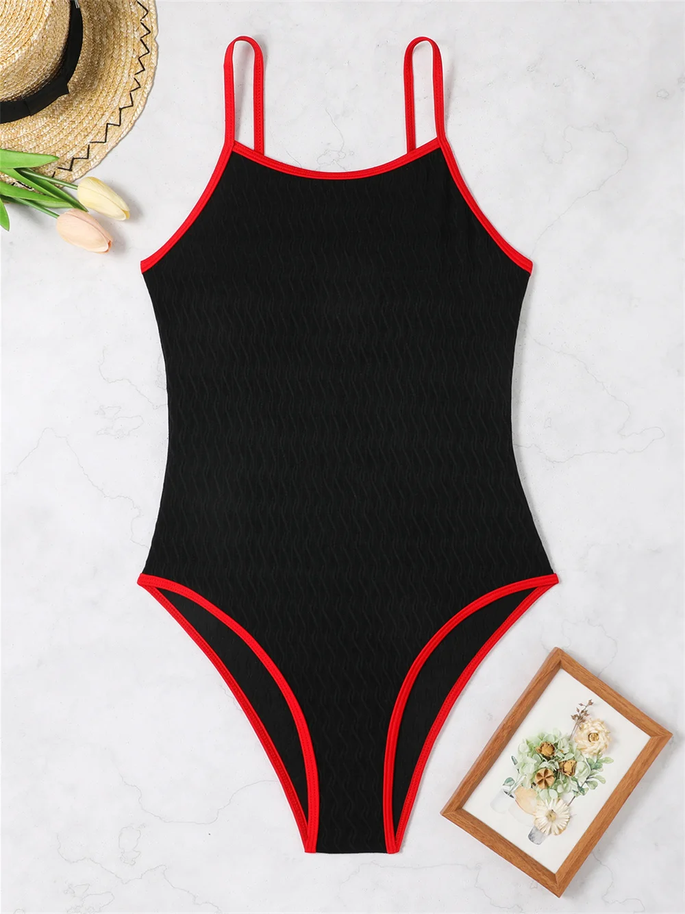 Sexy Sling Bikini Jacquard Border Swimsuit Y2K Vacation Swimwear Texture Monokini Women Backless Bath Suit Beach Outfit Biquinis