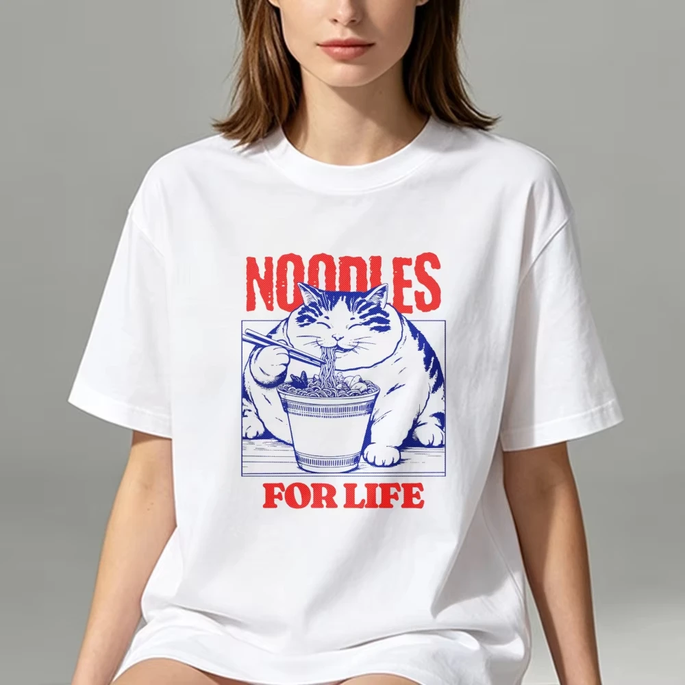 Noodles For Life Graphic Tee Funny Cat Eating Asian Food Humor Men Women T-Shirt Summer Casual Cotton Shirts