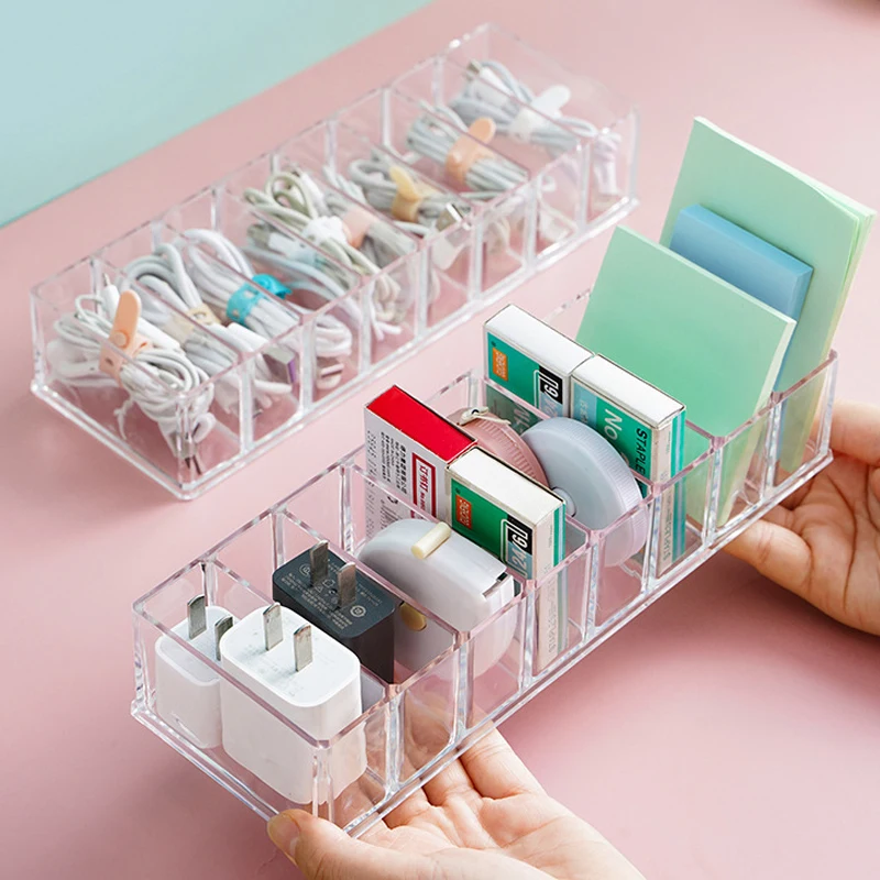 The transparent plastic Data Cable Storage Box household cable MobilePhone Charger Charging Cable Finishing Box Divided Grid Box