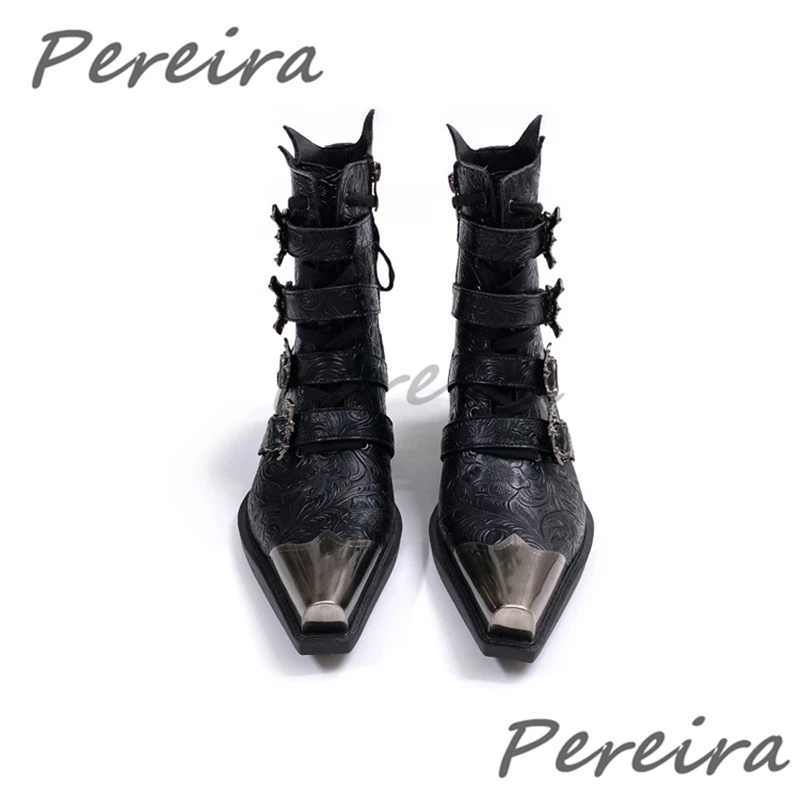 Men's Iron Pointed Toe Thick Heel Chelsea Boots Retro Multi Metal Belt Buckle Western Cowboy Boots Street Style Trend Male Shoes