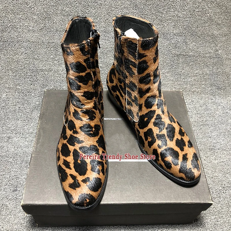 British Style Leopard Print Horsehair Short Boots Trendy Pointy Toe Side Zipper Low Heel Chelsea Boots Genuine Leather Men Shoes
