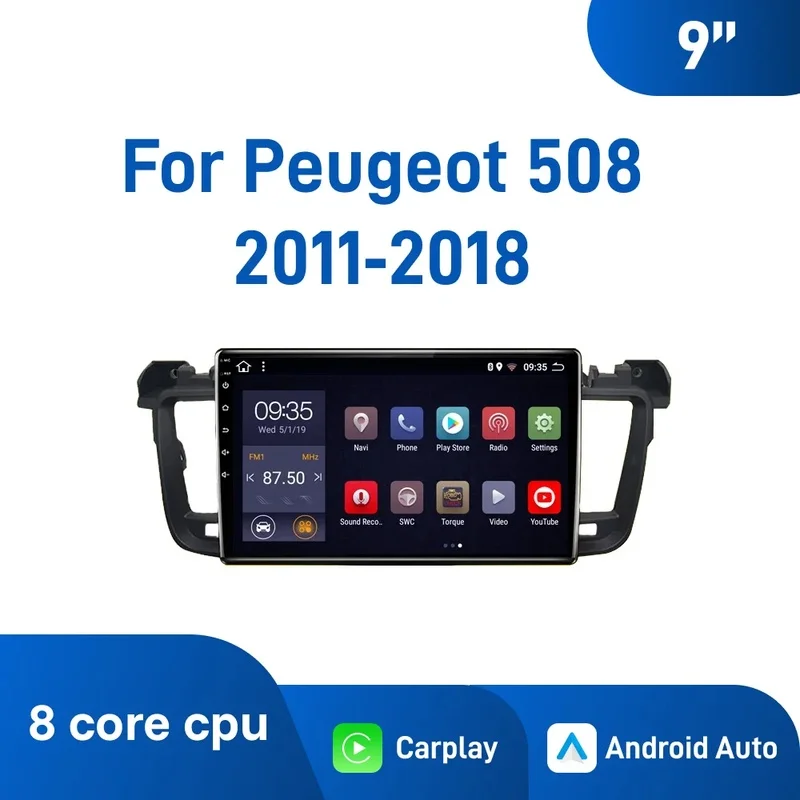 9 Inch Android Car Navigation for Peugeot 508 2011‑2018, Touch Screen, Plug and Play, Wireless CarPlay Android Auto
