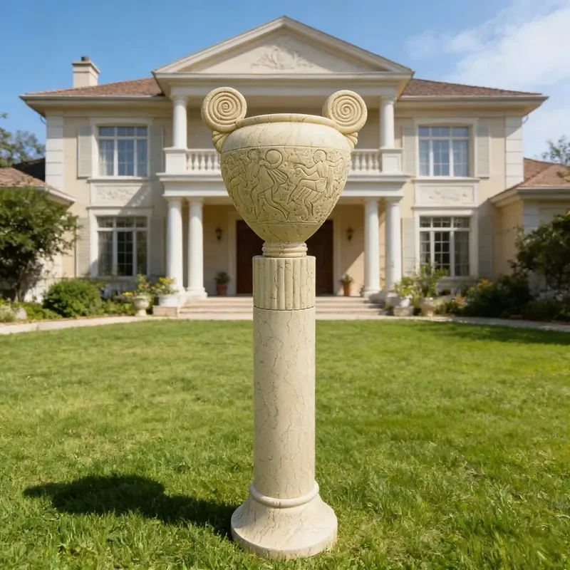 beige marble grooved flower pot set, hand-carved outdoor garden flower pot, suitable for villa and manor decoration