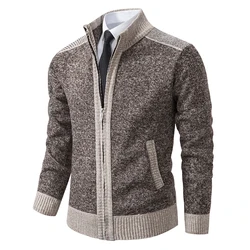 2024 Autumn Winter Thick Warm Men Knitted Cardigan Stand-up Collar SweaterCoat Zipper Splicing Color Casual Jackets Men Clothes