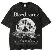 Nueva Camiseta de Moda con Estampado de Personajes del Juego de Rol Bloodborne, Estilo Vintage Lavado, de Algodón, Holgada y de Talla Grande para Hombre y Mujer