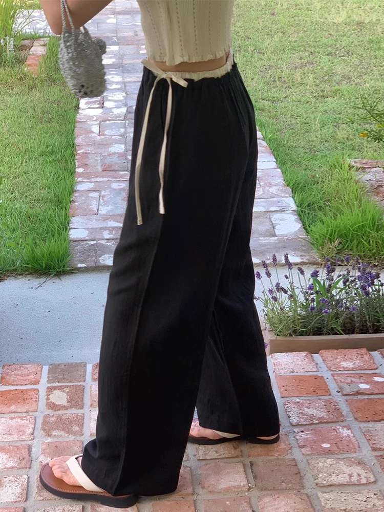 Eleganckie spodnie damskie z wysokim stanem, szerokie nogawki, na wiosnę i lato, odmładzające, kolorowe, z wiązaniem, długie spodnie z paskiem.