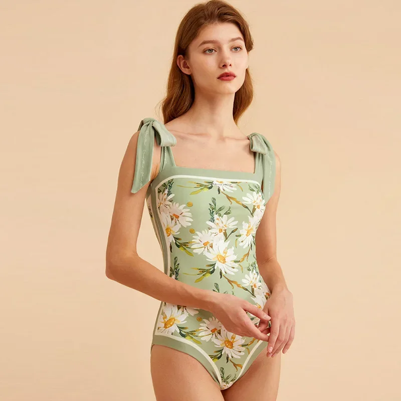 2024 New Vintage Printed Double-sided Wear Swimming Bathing Suit Women Bandage Sexy One Piece Swimsuit Beachwear Swimwear Woman