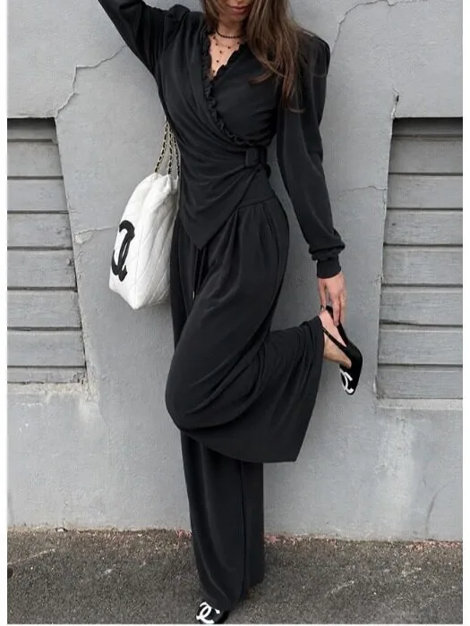 Elegant Knot Front Shirt And High Waist Wide Leg Casual Pants Two Piece Set for Women Autumn New Style Korean Style Casual Wear