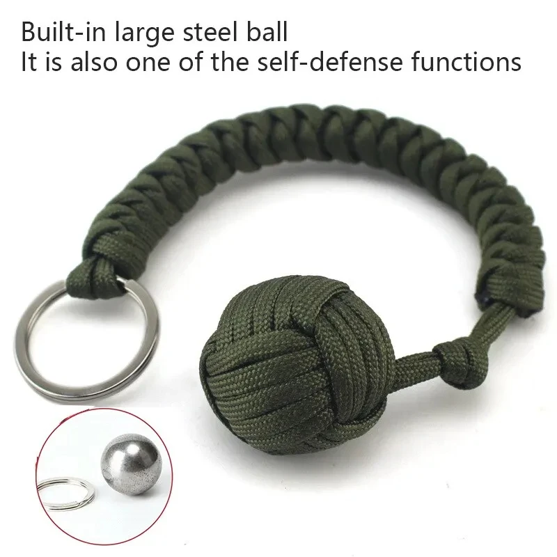 Outdoor Umbrella Rope Keychain Self Defense Lanyard Survive Knot Steel Ball Buckle Tactical Security Tool Carabiner Hook Cord