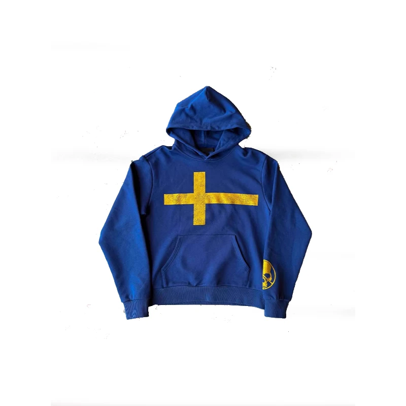 Vintage Schweden-Flagge Kreuz-Print Hoodie Übergroßer Langarm-Pullover für Männer und Frauen Streetwear Totenkopf-Grafik Kapuzenpullover