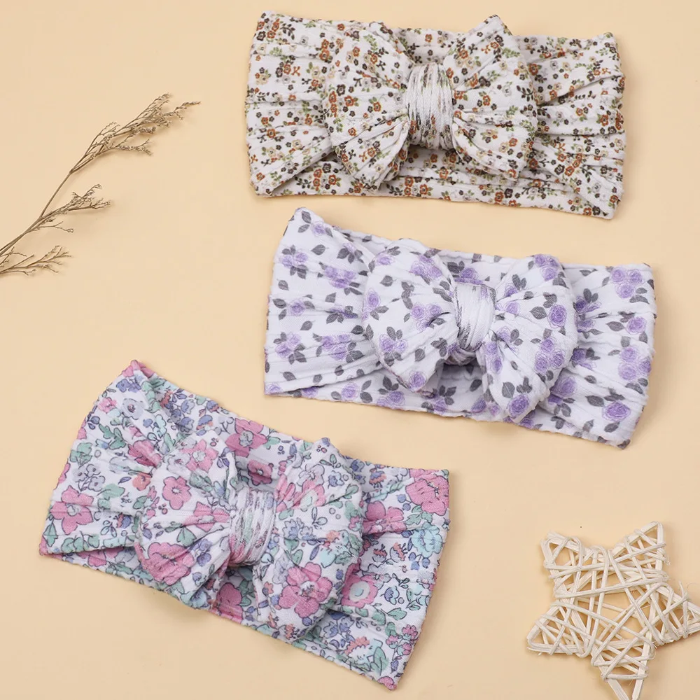 

34 Pcs/Lot Floral Print Nylon Baby Bow Headband, Cable Knit Knot Bow Turban Headwrap Girls Headwear Hair Accessories