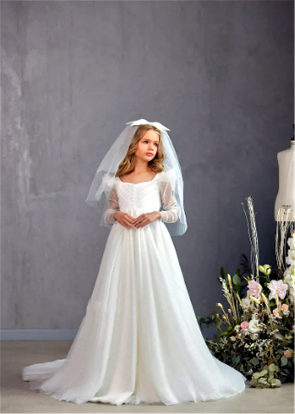 Sanctity WHITE Flower Girl Dresses For Wedding Tulle Long Sleeve Shiny Kids Birthday Gift Party First Communion Ball Gowns