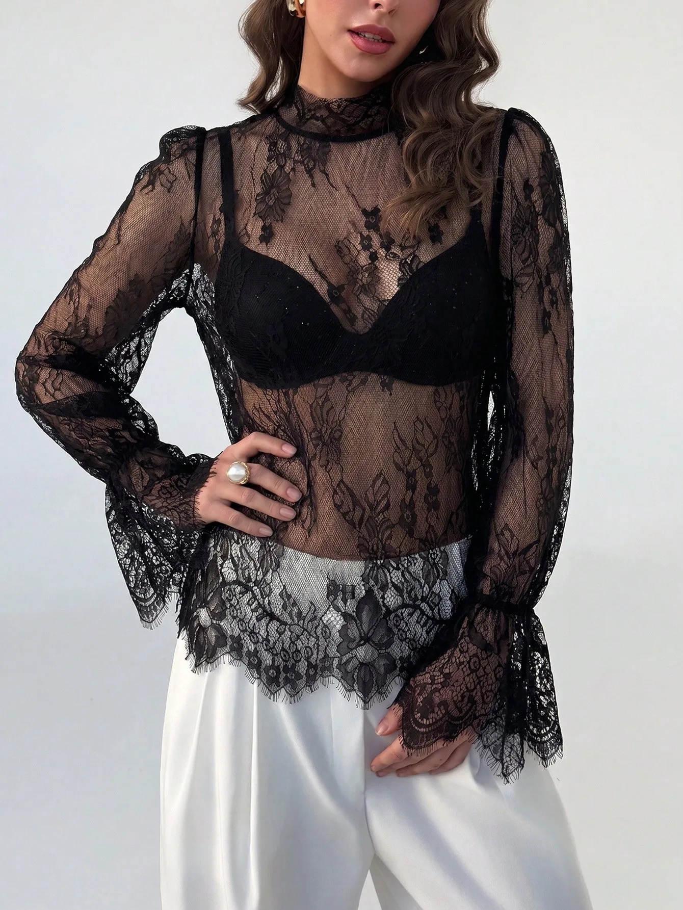 Sexy Lace See-through Long Sleeve Women's T-shirt Elegant Bell Sleeve Black Temptation Cover up Trendy High Waist Polyester