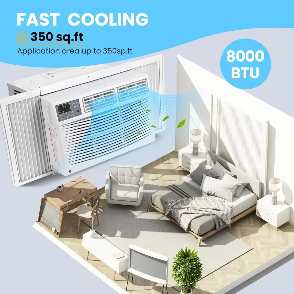 8000btu Window Air Conditioner Fast Cooling 350 Sq.ft., Remote Control, Wi-Fi Enabled, for Bedroom with 3 Cooling Modes