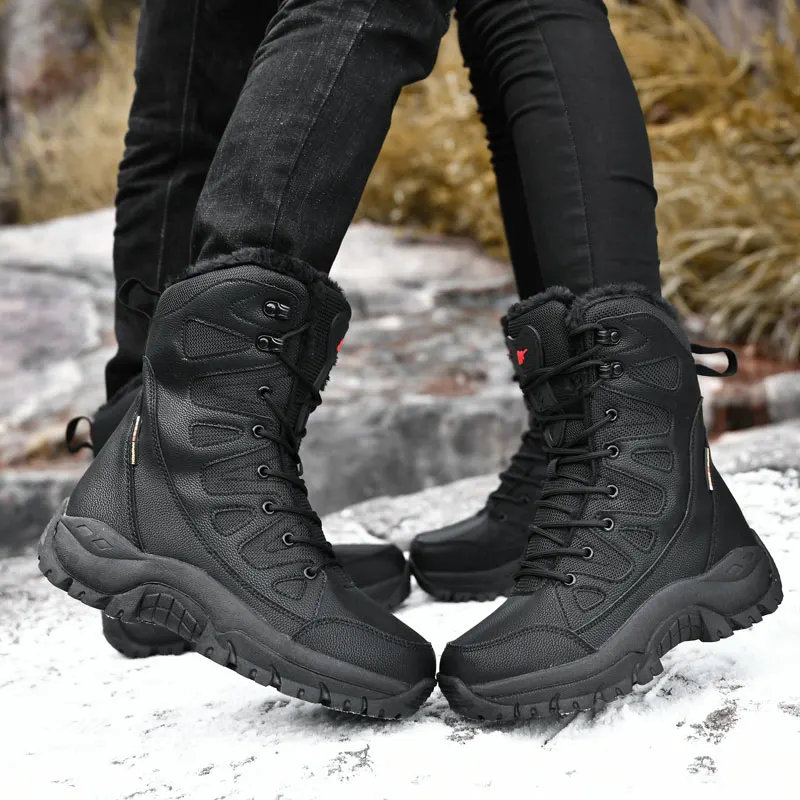 Botas de nieve de piel de felpa cálidas para hombre, botas de cuero impermeables, botas de trabajo antideslizantes para exteriores, botas de combate