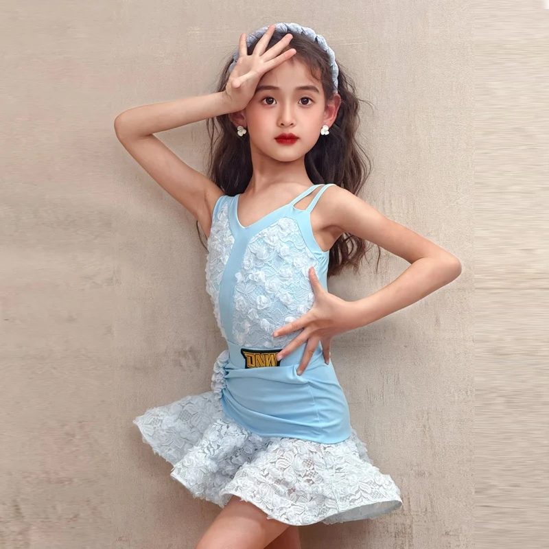 Vestidos de competição de dança de salão infantil, vestido azul de dança latina para meninas, roupa de dança para performance de salsa chacha sl12600