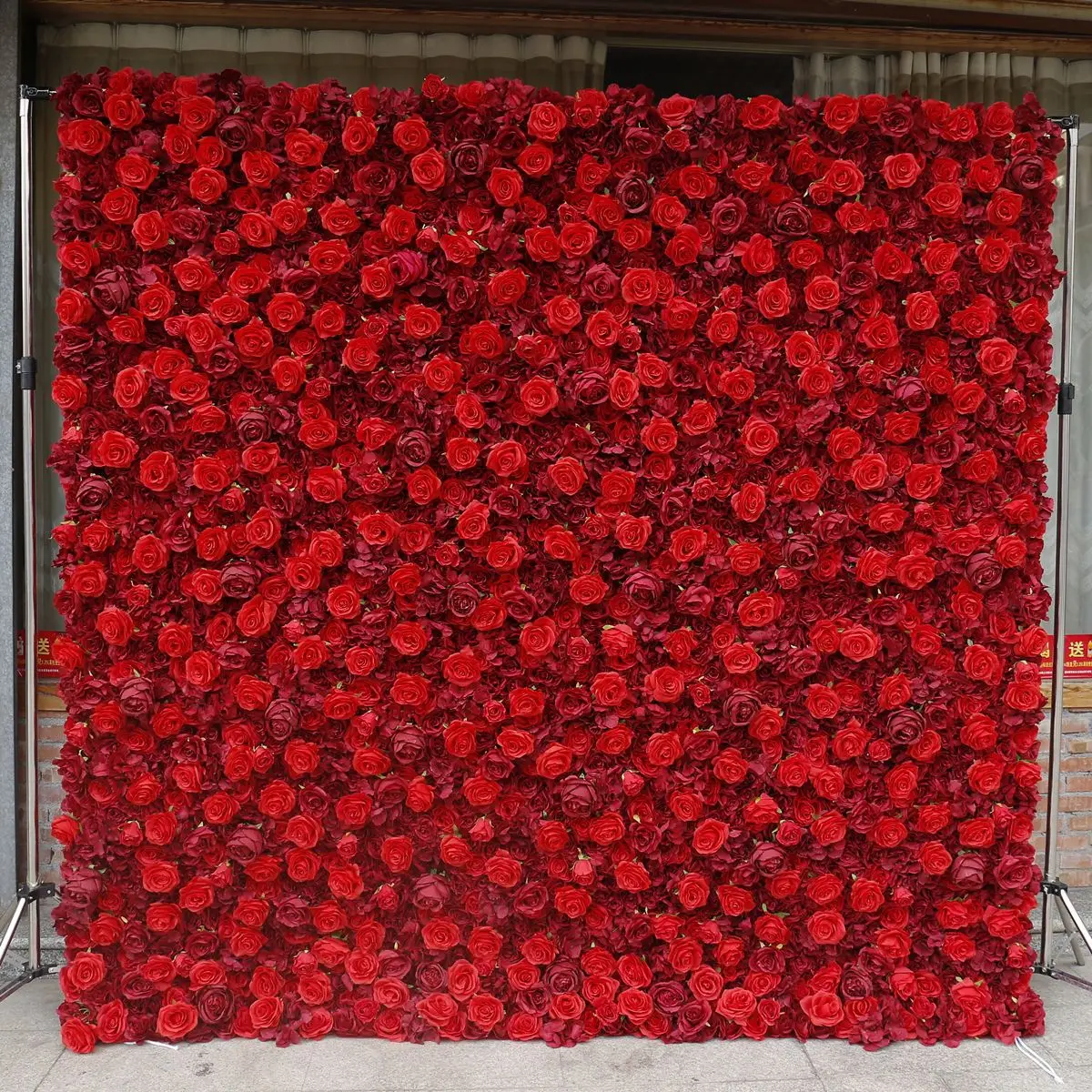 

Royal Series Luxury Wine Red Rose Red Hydrangea 3D mixed floral fabric flower wall Wedding background Green curtains