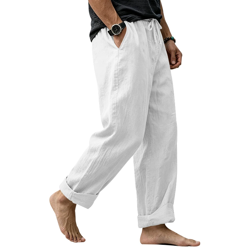 Sommerliche Herren-Leinenhose, Lässige Hawaiian-Hose mit Elastischem Kordelzug, Atmungsaktive Gerade Lange Hose mit Taschen für Alltag und Zuhause – Detail 5