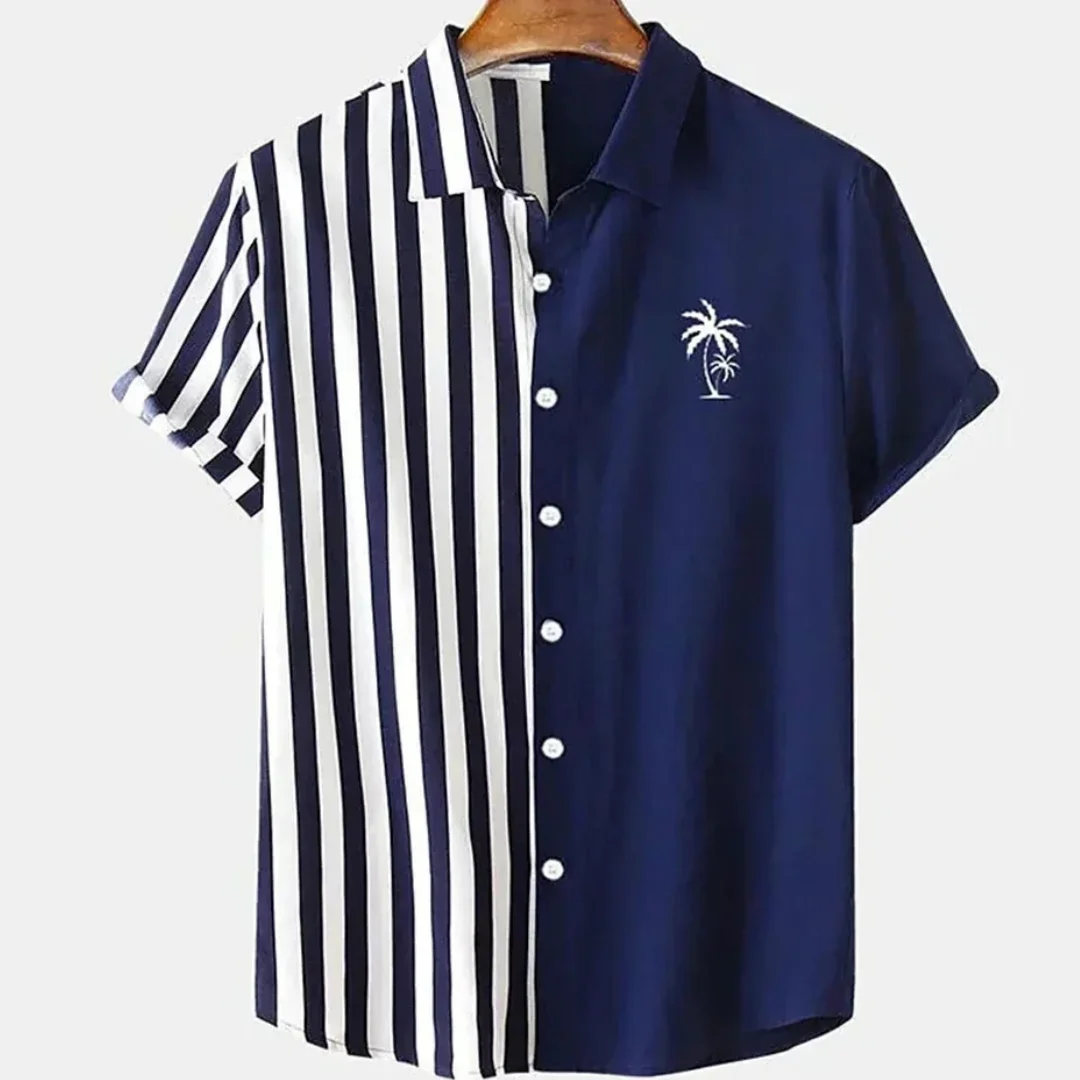 A Hawaiian-style shirt with coconut tree pattern, a short-sleeved casual shirt suitable for men, summer fashion clothing, large-